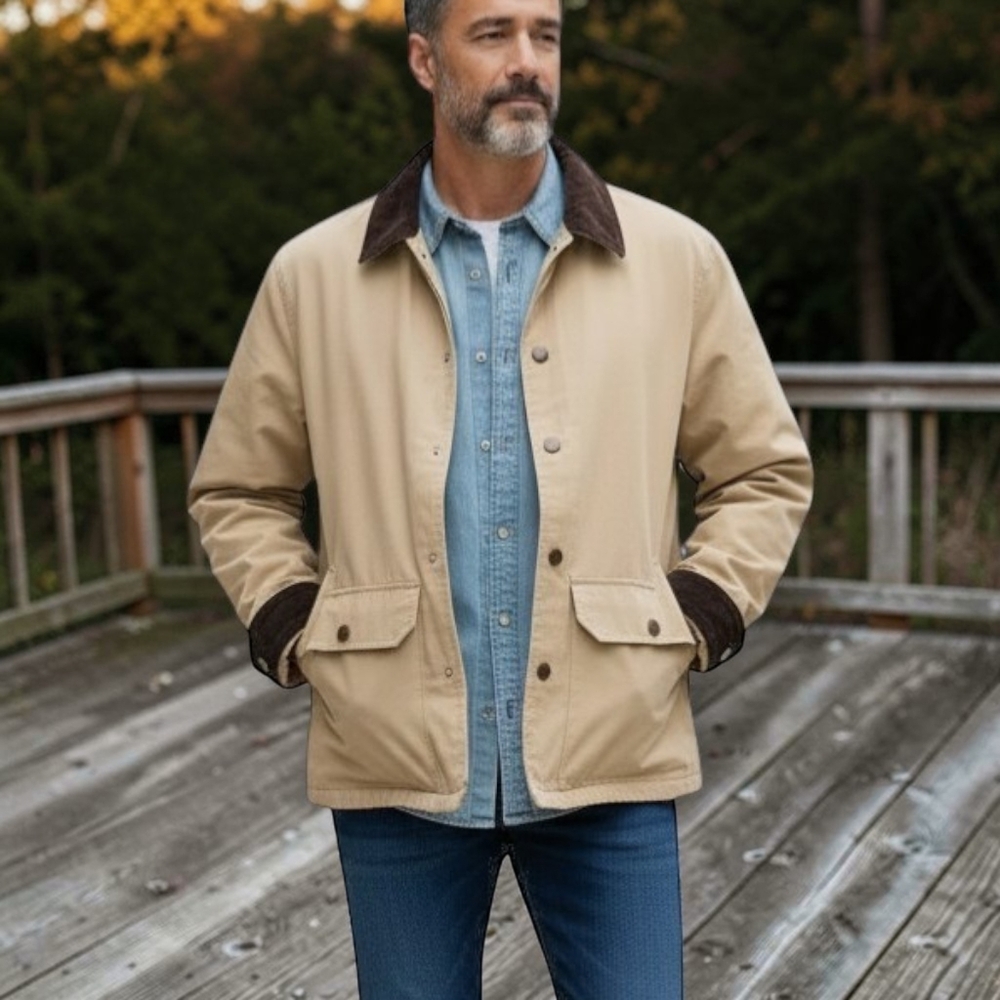 Lands' End Men's Beige Barn Jacket / Chore Coat with Dark Brown Trim. Large